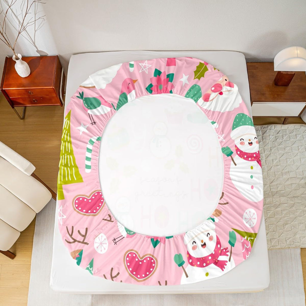 Erosebridal Pink Christmas Fitted Sheet Full, Cartoon Santa Claus Bedding Set for Kids Boys Girls Women Bedroom, Snowman Pine Bed Sheets Christmas Tree Deer Bedding Decor Set Xmas Decor,2 Pillowcases