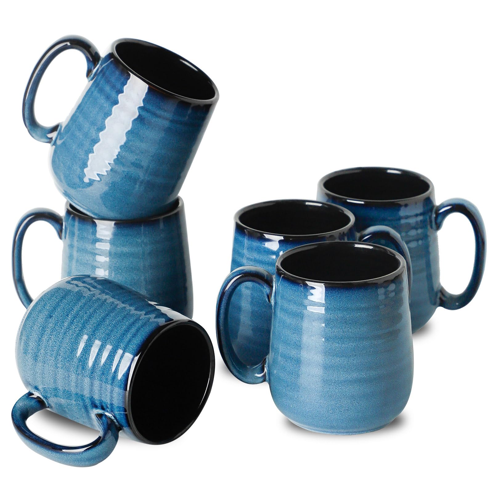 HASENSE Ceramic Coffee Mugs Set of 6, 15oz Large Coffee Mugs with Handle, Coffee Cups for Coffee, Tea, Latte & Cappuccino, Coffee Mugs for Men and Women, Microwave & Dishwasher Safe, Blue