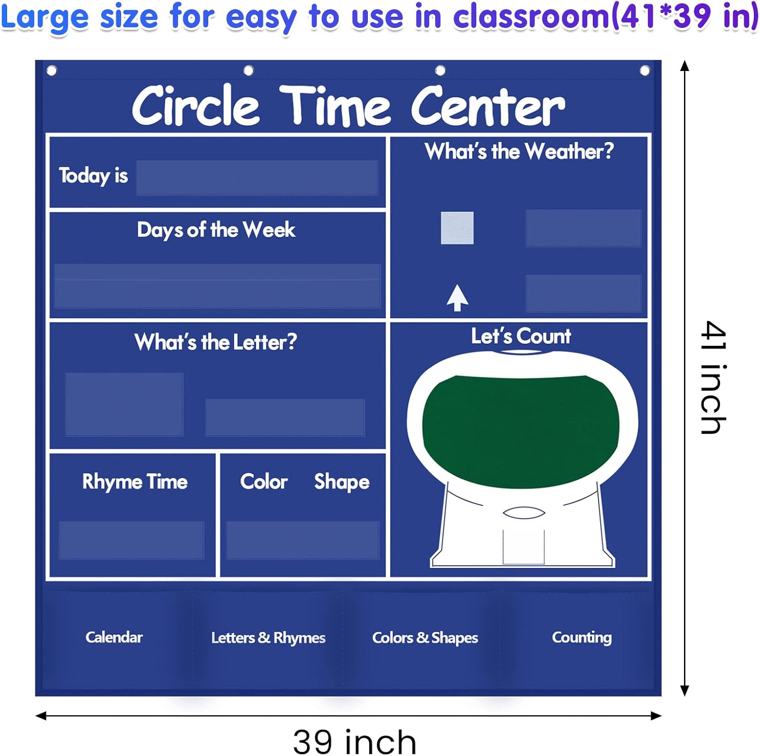 Auchq Circle Time Learning Center - Heavy-Duty Kids Calendar Pocket Chart | Educational Weather & Rhyme Chart (Blue)