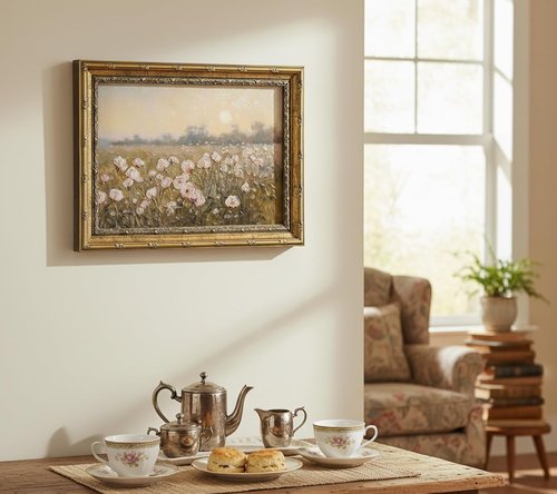 Gold Framed Vintage Pink Wildflower Canvas Wall Art - Rustic Spring Landscape Painting 9x11in