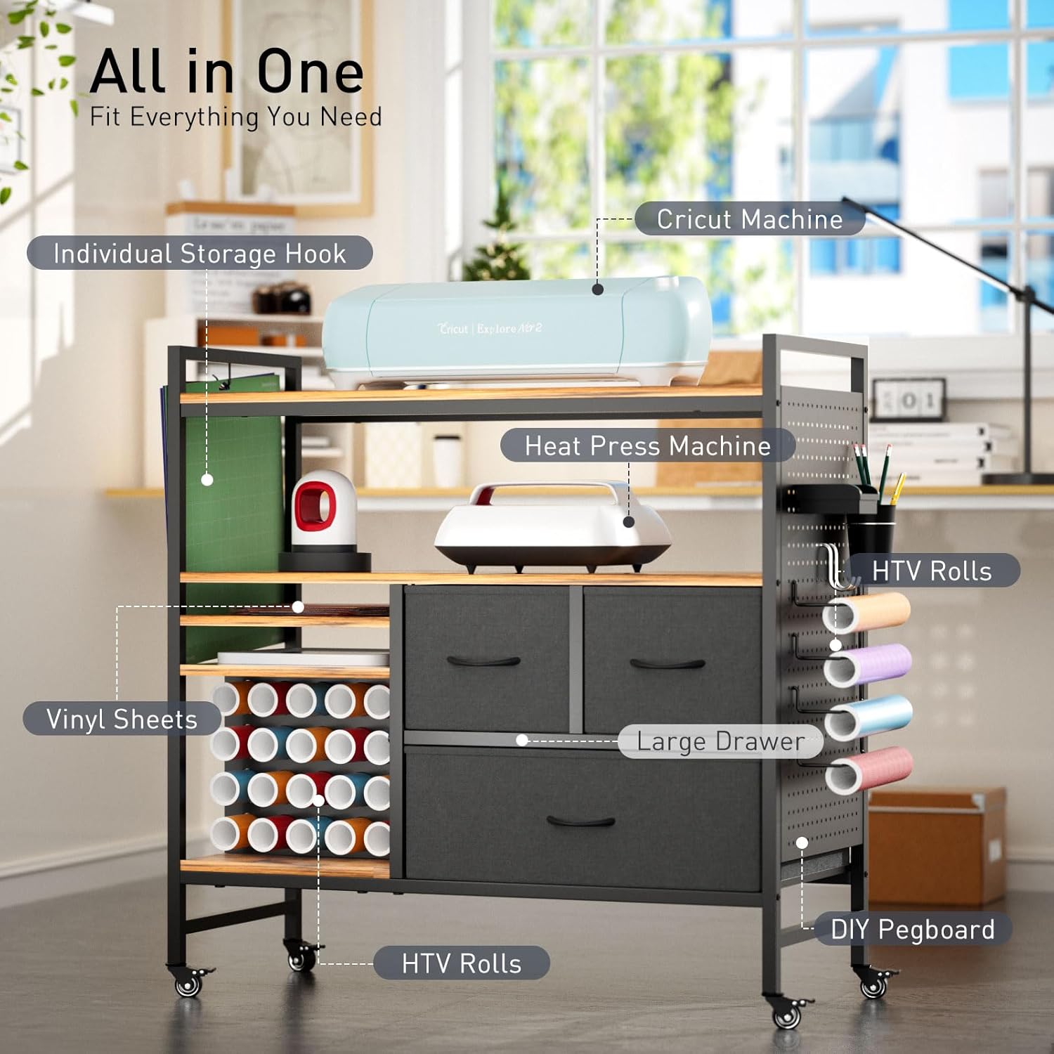 PUNLUXU Vinyl Roll Holder & Craft Organizer - Compatible with Cricut Machines, Rolling Storage Table PU-03