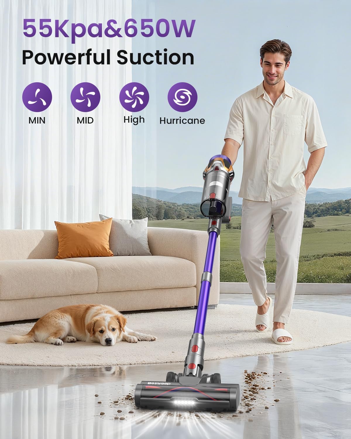 Skiennix Cordless Vacuum Cleaner - 55Kpa Suction Power, 70-Minute Runtime, Self-Standing Design | Ideal for Home & Pet Hair