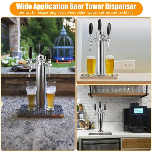 Dbgogo 3 Tap Beer Tower Adjustable Flow Control Beer Faucet Three Tap Beer Tower Stainless 3” Triple Tap Beer Tower Dispenser Kegerator Tower Kit with Pre-Assembled Tubing and Self-Closing Springs