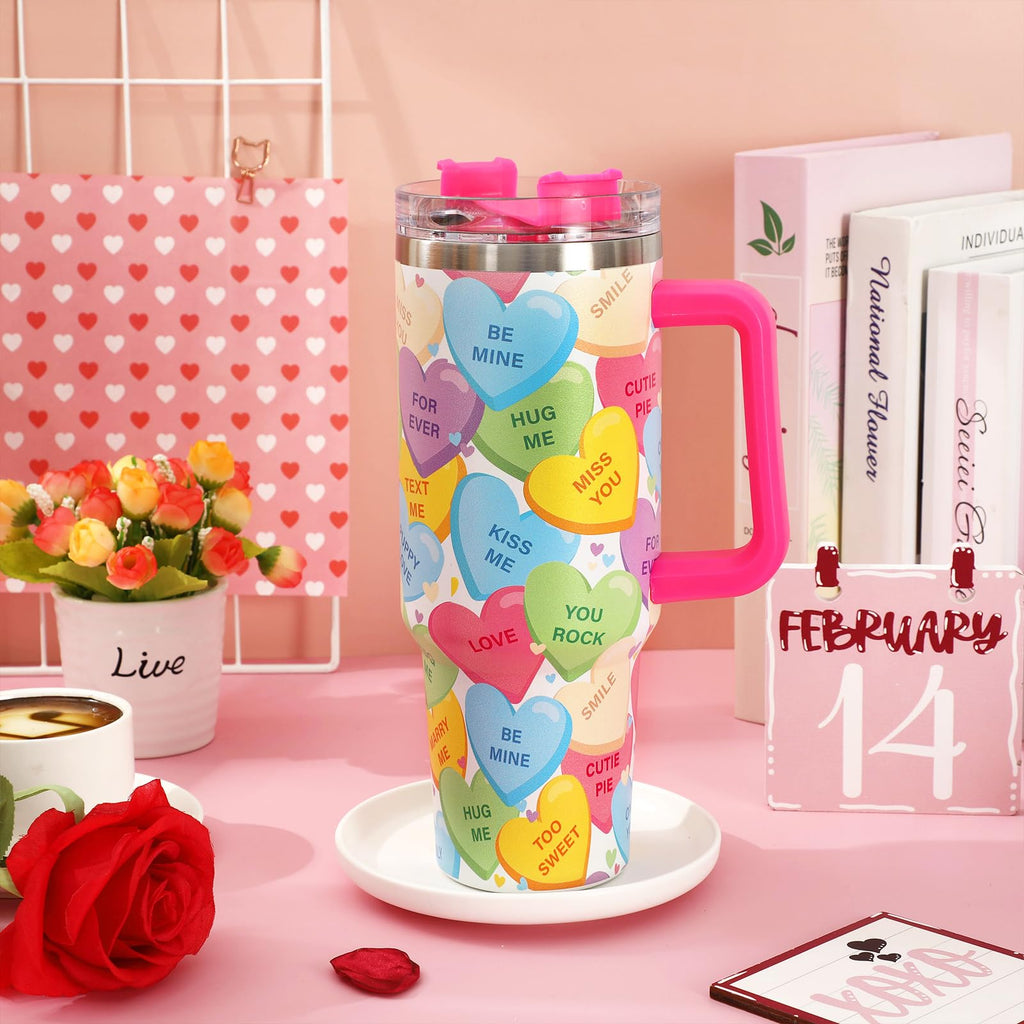 JarThenaAMCS Valentine's Day Tumbler with Lid Straw Stainless Steel Cup 40oz Colorful Conversation Heart Tumbler with Handle for Home Office Travel