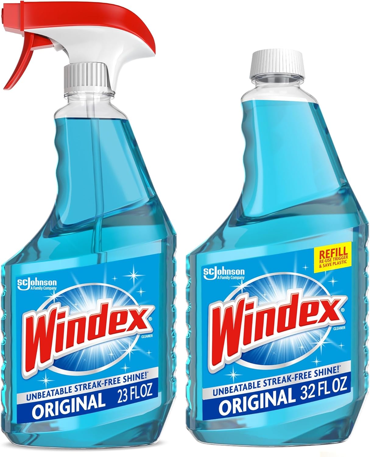 Windex Glass & Window Cleaner Spray Bundle - Original Blue Scent, 23 Fl Oz Spray + 32 Fl Oz Refill