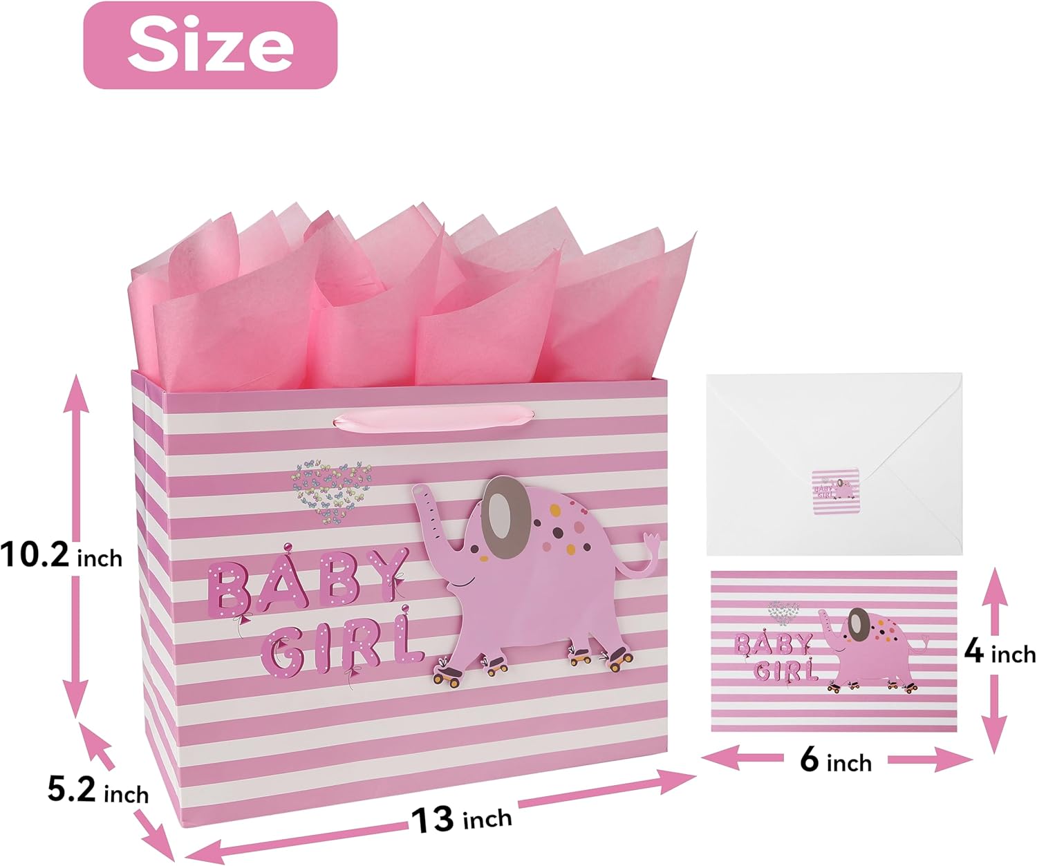 Wishinside 13" Large Pink Gift Bag Set - 3D Elephant Design with Greeting Card & Tissue Paper | Perfect for Baby Showers & Kids' Birthdays