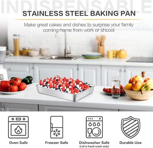 E-far Stainless Steel Baking Pan Set - 12⅓ x 9¾ Inch Rectangle Bakeware with Lids | Non-Toxic, Heavy Duty & Dishwasher Safe