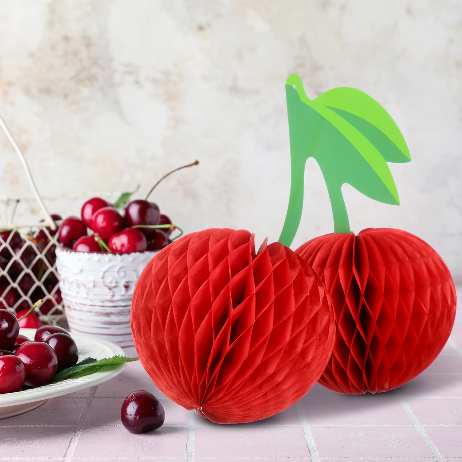 Sonwyoung Cherry Birthday Party Decorations Hanging Paper Honeycomb Cherry Table Centerpieces Paper Lanterns for Ceiling Fruit Party Decor(Red)