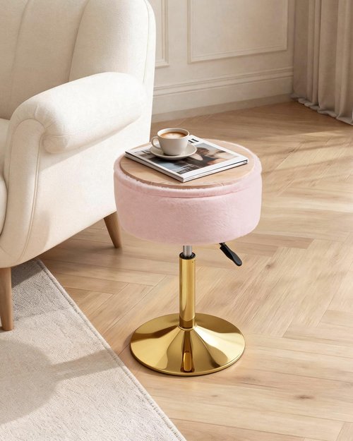 LITZFUR Adjustable Vanity Stool with Storage, 360° Swivel Gold Chair, Faux Fur Small Round Ottoman Footrest for Bathroom, Makeup Room, Pink