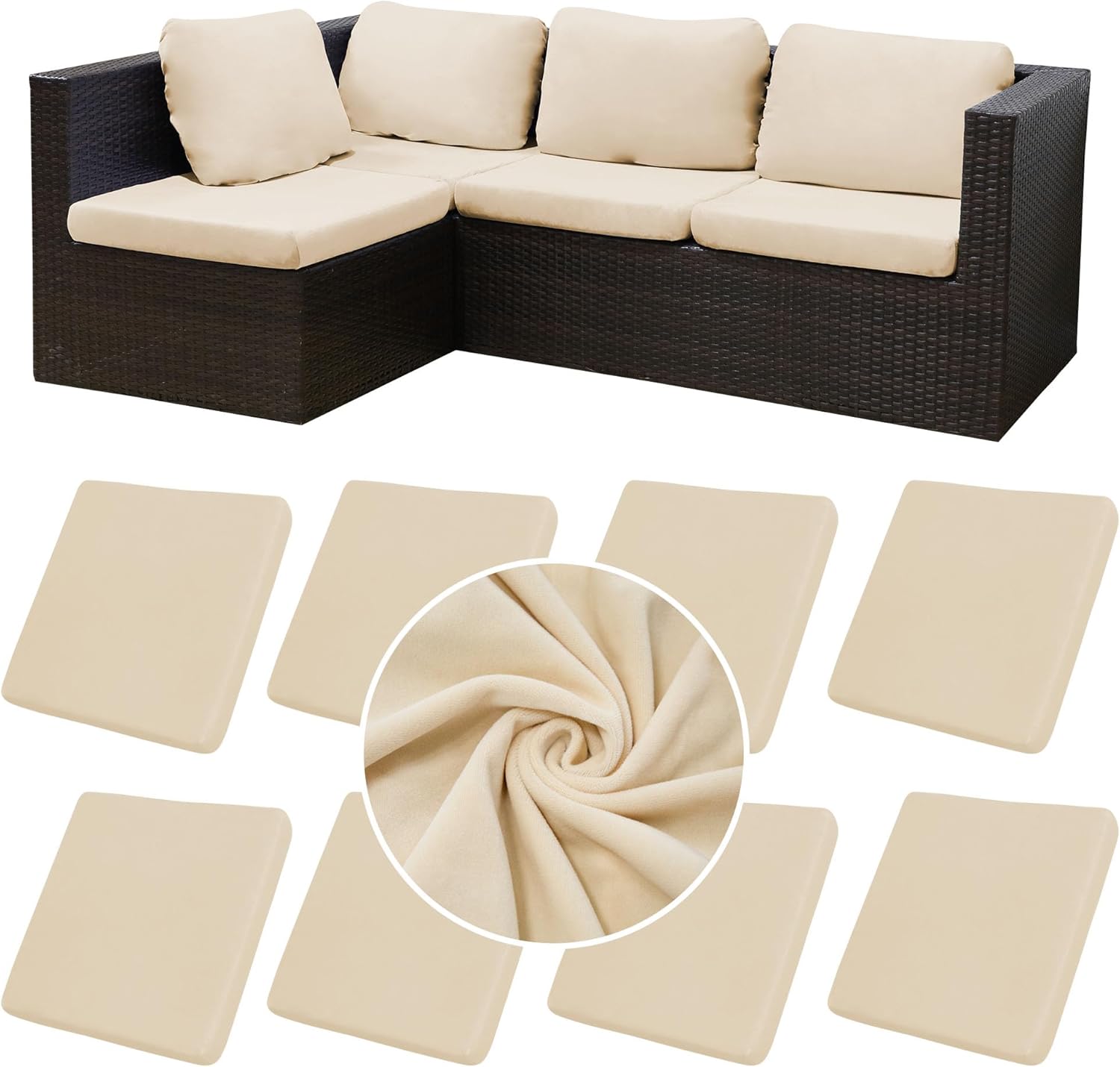 BIETYONE 8Pcs Stretch Velvet Patio Cushion Covers - Fluffy Washable Slipcovers for Fall Outdoor Decor | Beige