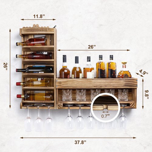 Homde Wine Rack Wall Mounted Wood,Alcohol Shelf with Bottle Stemware Glass Holder Rustic Whiskey Display Storage with Cork Storage for Home Bar Kitchen Decor (Regular Without LED)