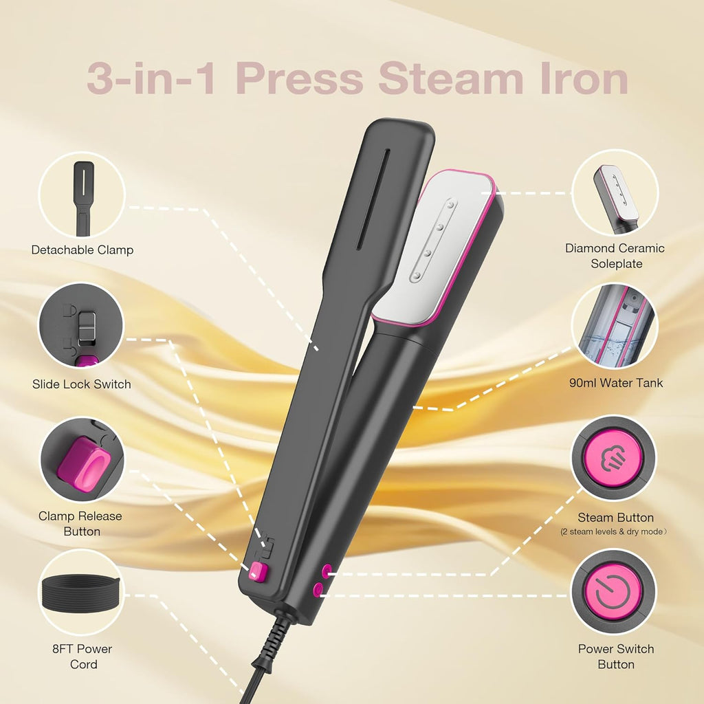 Newbealer 3-in-1 Travel Iron - Global Voltage Clothes Steamer & Dry Iron, Fast Heating, Ash Pink