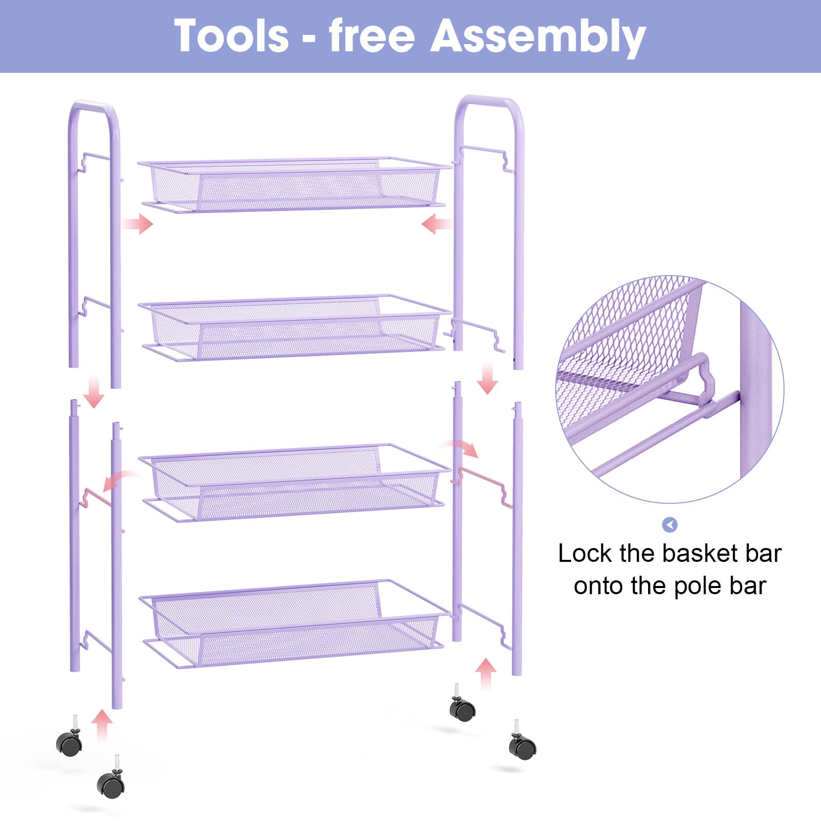 TOOLF 4-Tier Rolling Cart, Metal Utility Cart with 3 Hooks, Easy Assemble Mobile Storage Trolley On Wheels, Metal Shelving Units Kitchen Bathroom Laundry Room