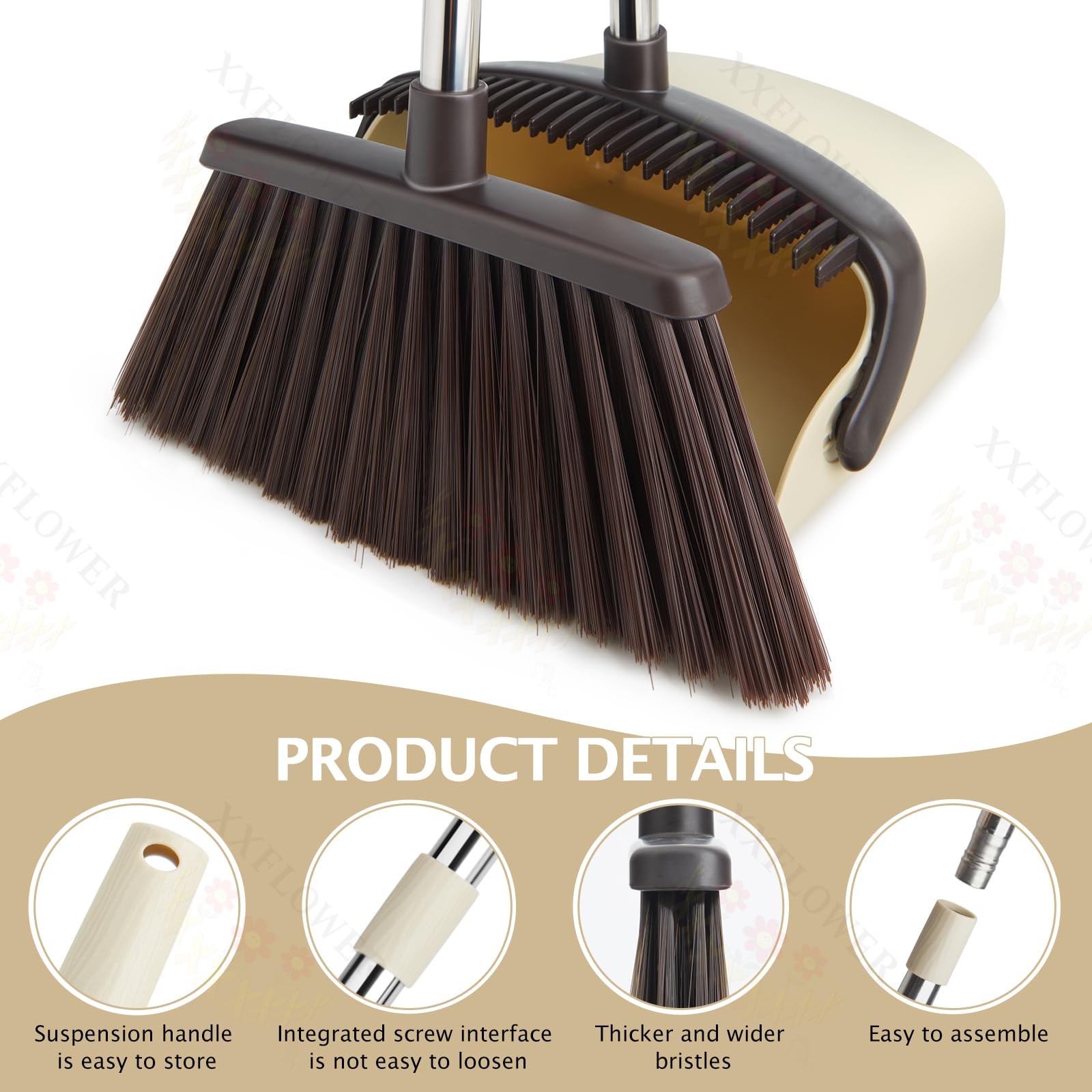 XXFLOWER Broom and Dustpan Set with Long Handle, Heavy Dust Broom and Dustpan Combo for Home，Kitchen, Office, Pet Hair(Beige)