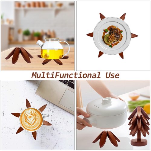 Wooden Trivets for Hot Dishes, Tree Shape Trivet Set, 4 Wooden Trivets + 1 Stand, Stackable Christmas Tree Design, Natural Foldable Kitchen Wooden Trivet, for Pans, Pot, Bowl, Teapot, Hot Pot Holder