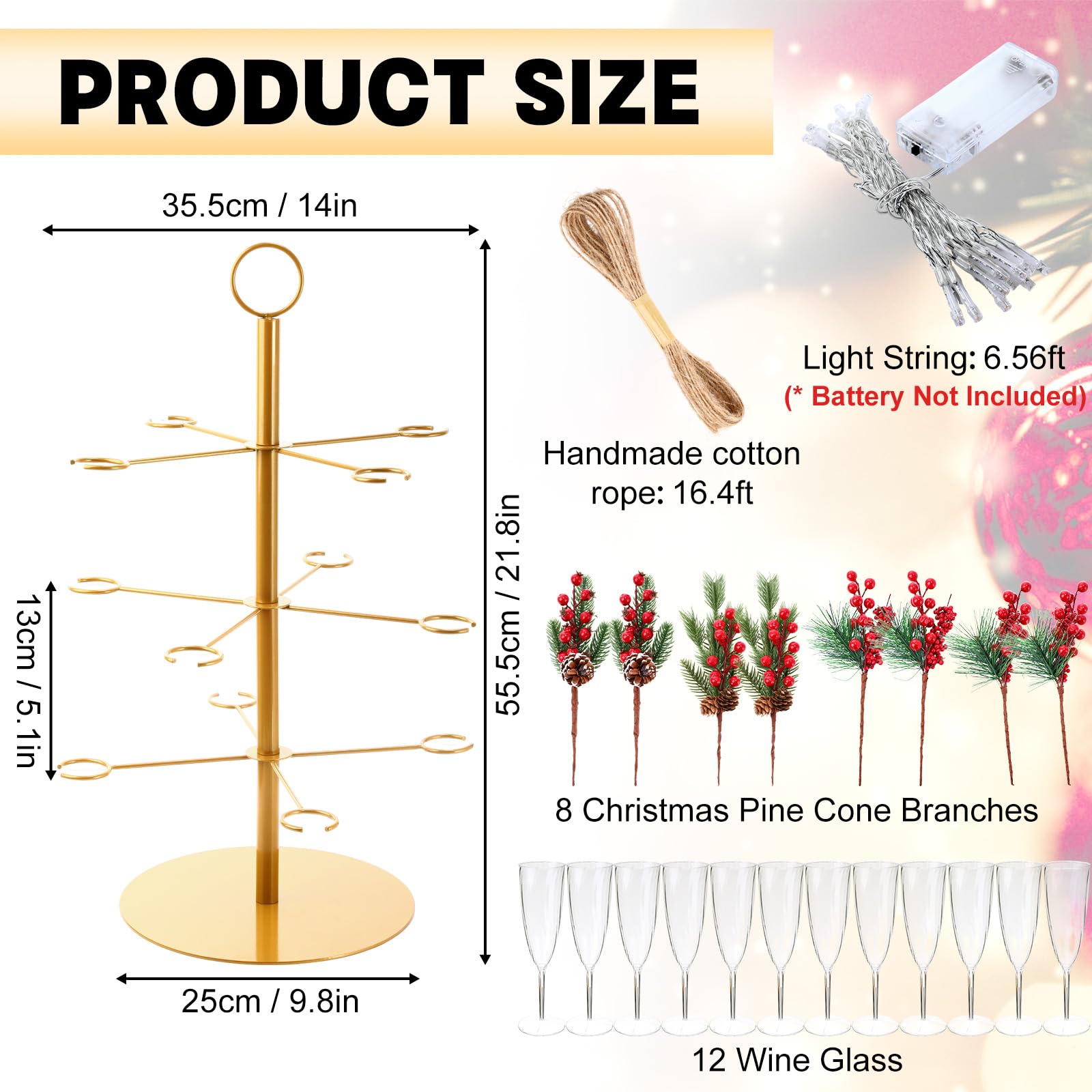 Acellegic 3 Tiers Christmas Gold Cocktail Tree Stand with 12 Holders 12 Pcs 10 oz Wine Glass Light Tree Drink Holder Display Tower with Pinecone Branch for Party Champagne Bar Bridal Shower Wedding