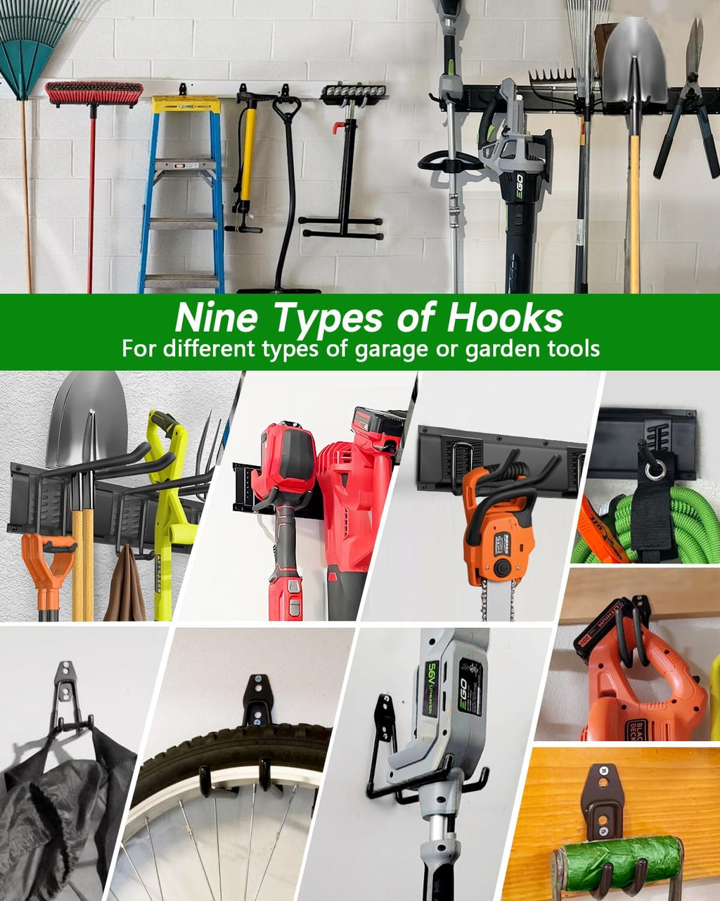 PIYILO Garden Tool Organizer - 48-Inch Heavy Duty Wall Rack with 18 Garage Hooks for Yard Tools