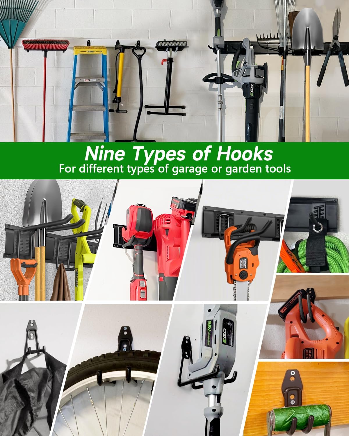 PIYILO Garden Tool Organizer - 48-Inch Heavy Duty Wall Rack with 18 Garage Hooks for Yard Tools