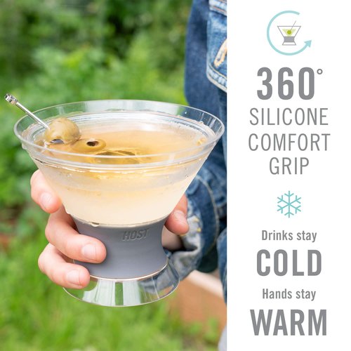Host Freeze Insulated Martini Glasses Set of 4, Plastic Freezer Gel Chiller Double Wall Stemless Coupe and Cocktail Glass, 9 oz, Grey