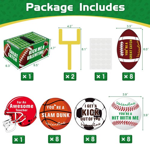 Gloween Valentines Day Boxes and Cards for Kids Classroom School Exchange, Great Valentines Gifts Party Favor Set for Boys Girls - 1 Football Box, 32 Sport Theme Valentine Cards, 1 Teacher Card