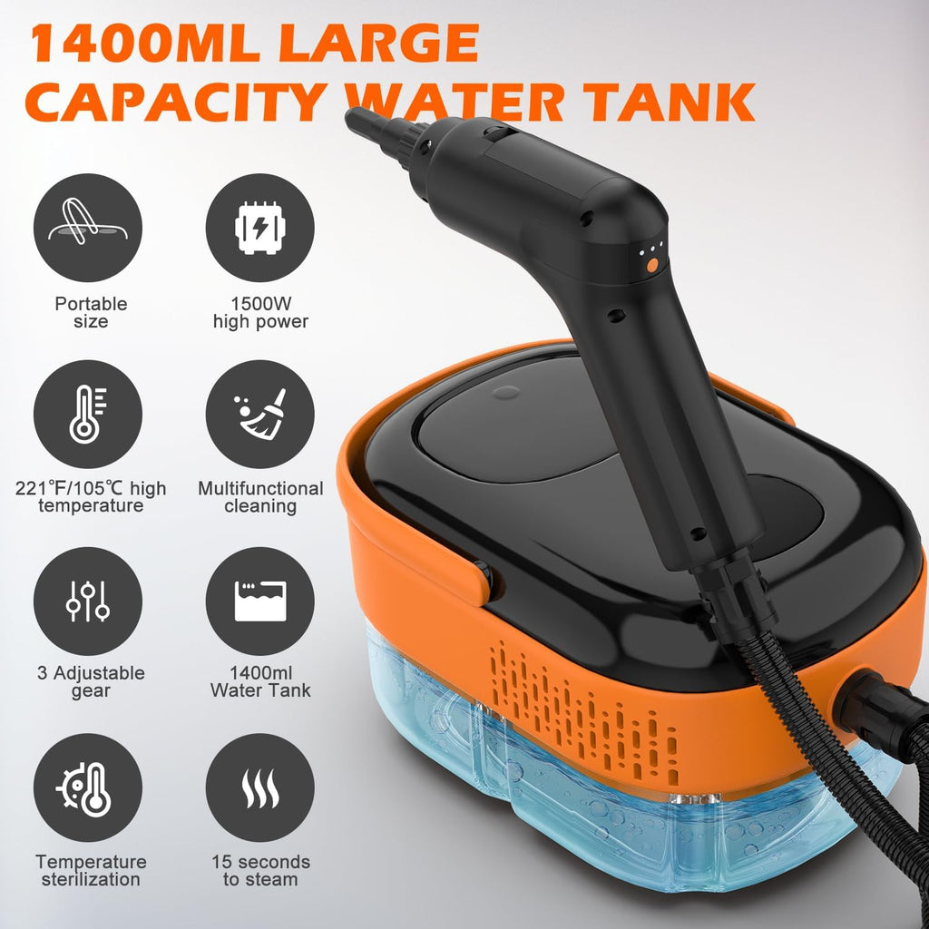 Skiennix Steam Cleaner - Portable Handheld Steamer with 15s Heat-Up, Large Tank & 16 Accessories for Home & Car Cleaning