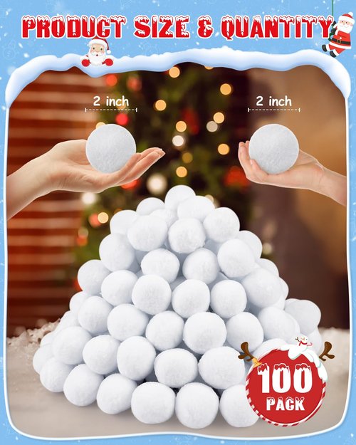 LQYoyz Snowball Fight Set Indoor 100 Pack 2 Inch Large Size Fake Snow Fight Ball for Kids Artificial Snow Balls Kids Toys, Winter Snowball Fight Games Xmas Party Decor DIY Supplies Gifts