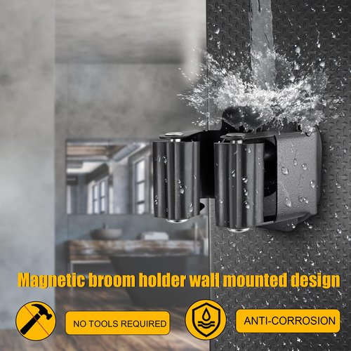 MagitcSee Upgraded Magnetic Broom and Mop Holder Wall Mount, Space-Saving Heavy Duty No Drill Over the Door Broom Gripper RV Camper Wall Organizer,Black,4 Pcs