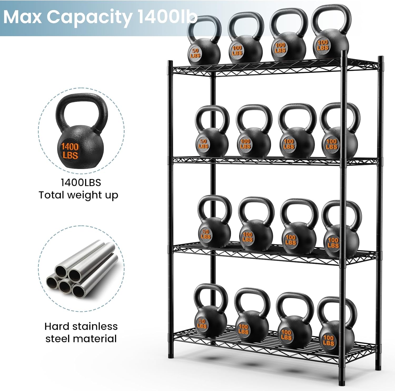 Whitmor 4-Tier Metal Shelving Unit - Adjustable Heavy-Duty Storage with Wheels | 400 lbs Capacity per Shelf, Black, 36"L x 14"W x 54"H