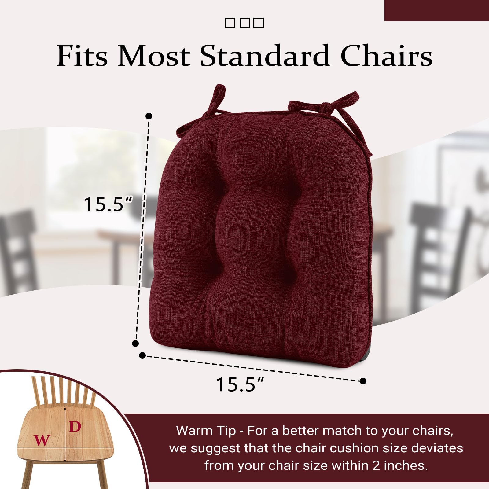Wellsin Chair Cushions for Dining Chairs, Non-Slip Kitchen Chair Pads with Ties, Tufted Shredded Foam Kitchen Chair Cushions Set of 4, 15.5" X 15.5",Burgundy