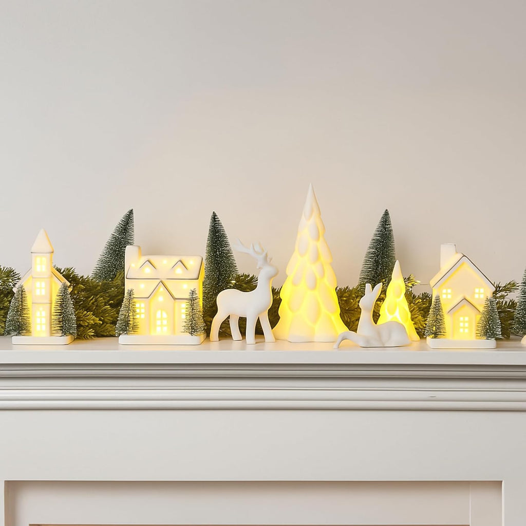Regine Switzerland 12-Pc Ceramic Christmas Village Set - White Houses, LED Trees & Reindeer Decor