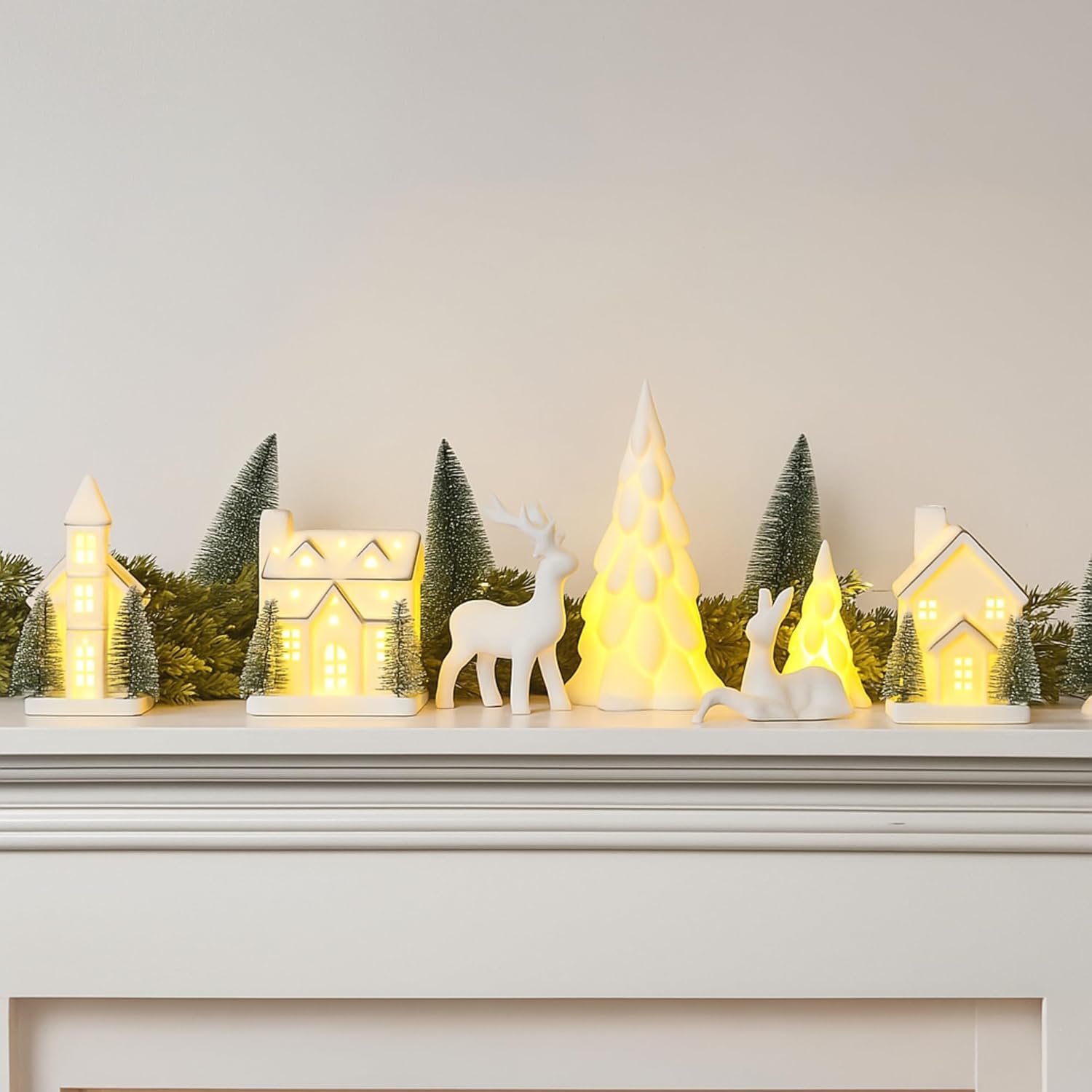 Regine Switzerland 12-Pc Ceramic Christmas Village Set - White Houses, LED Trees & Reindeer Decor