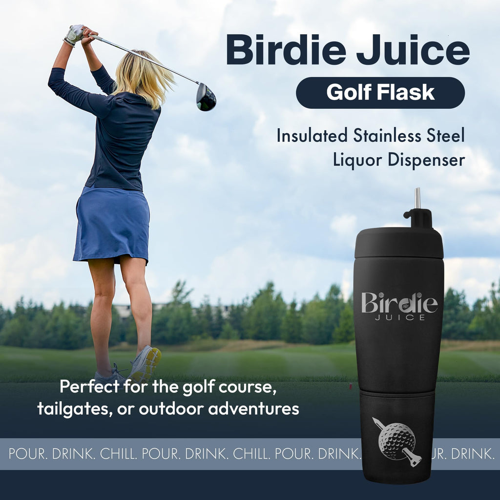 Pour Caddy Birdie Juice Golf Flask Set, Insulated Stainless Steel Liquor Dispenser with Flip top Pour Spout, Leak Proof Cap, Removable Base, Hidden Shot Cups & Ball Marker, 20 oz (Shadow Black)