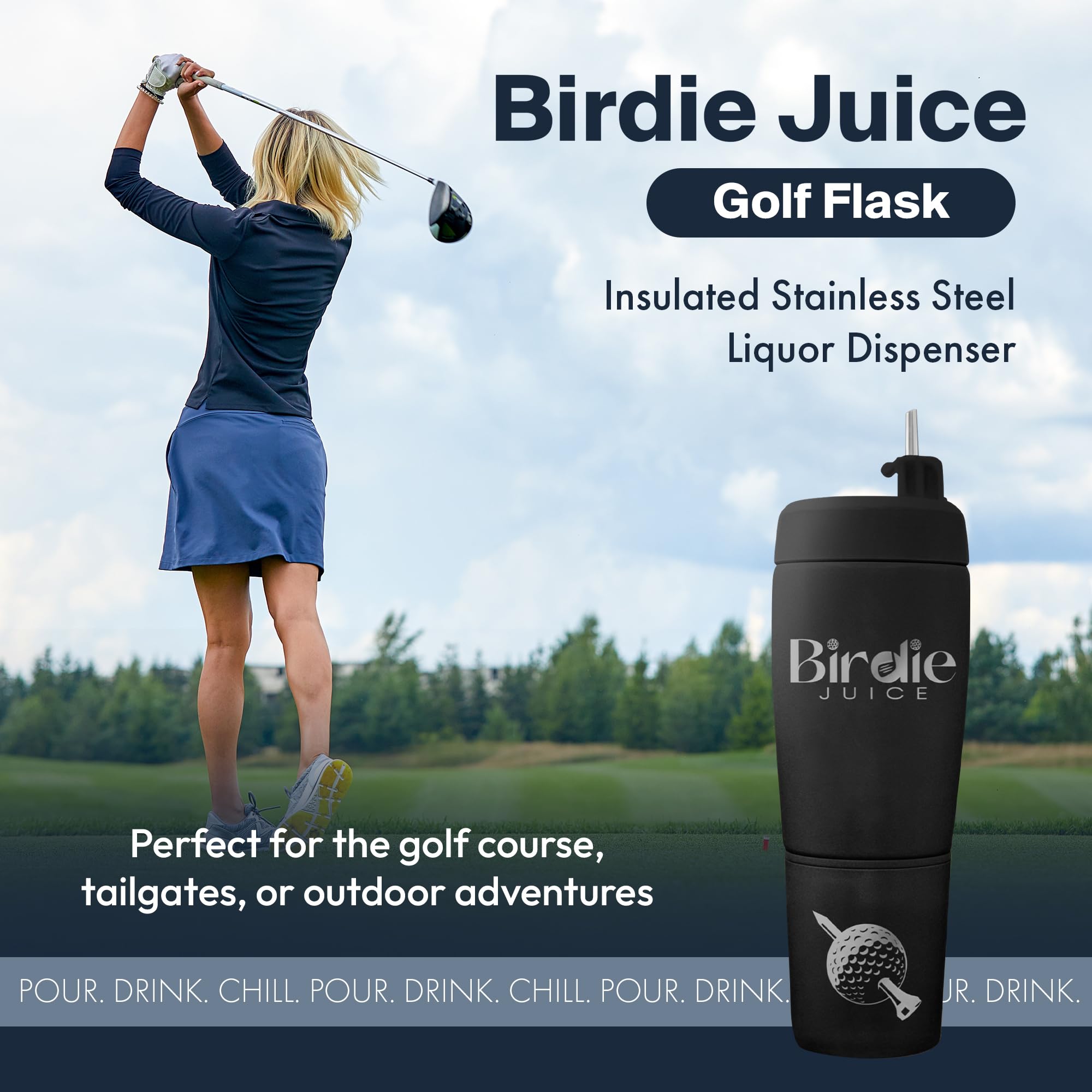 Pour Caddy Birdie Juice Golf Flask Set, Insulated Stainless Steel Liquor Dispenser with Flip top Pour Spout, Leak Proof Cap, Removable Base, Hidden Shot Cups & Ball Marker, 20 oz (Shadow Black)