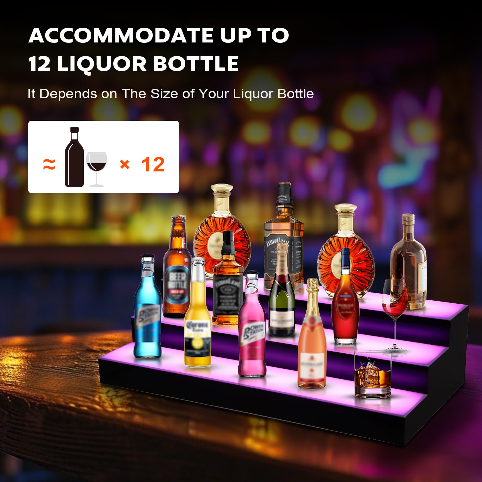 Dollate 3 Tiers 16 Inch LED Lighted Liquor Bottle Display, LED Tabletop Wine Shelves with RF Remote Control, Adjustable Lighting & Colors Liquor Storage Rack for Home Bar