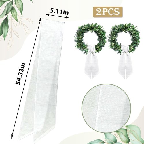 2pcs Wreath Sash for Front Door White Seersucker Wreath Satin Sash Burlap Garland Ribbon Accessories for Wreath Yard Doorway Indoor Outdoor Bow Bridal Shower Home Decor,5.1 x 54.3