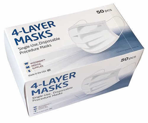 WMS 4-Layer Face Masks, Wisconsin Medical Supplies, MADE IN USA, 4 Pack (200 Masks)