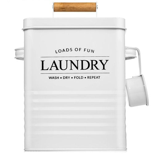 Calindiana Modern Farmhouse Metal Laundry Soap Dispenser with Scoop for Decor and Space Saving Organization, White