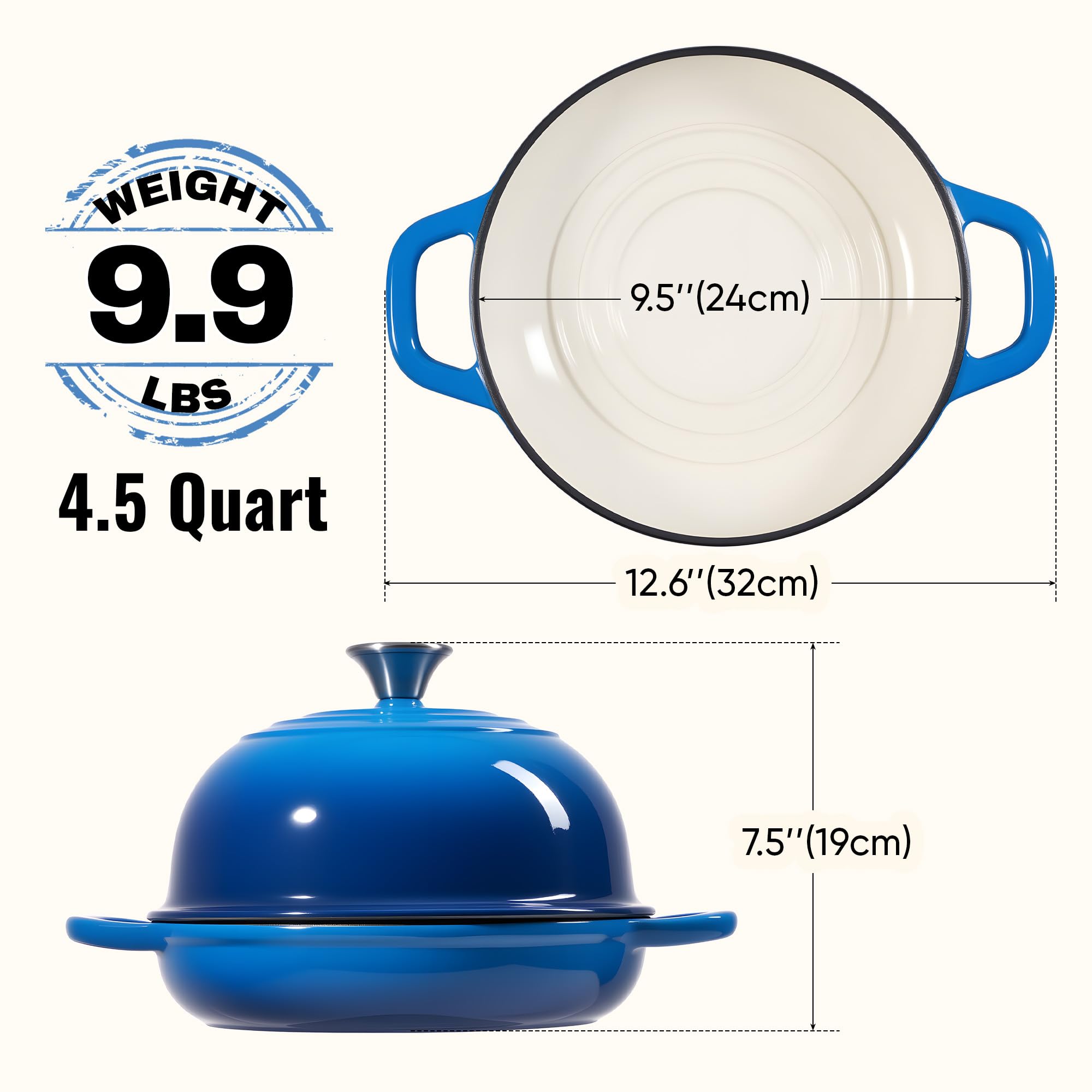 4.5 QT Dutch Oven for Bread Baking, Cast Iron Bread Oven for Sourdough, Enamelled Bread Dutch Oven with Lid, Heavy-Duty Non Stick Bread Pot, Blue