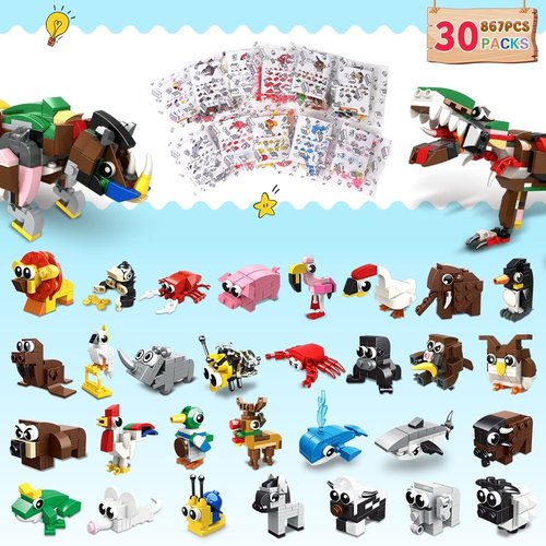 HOGOKIDS 30 Packs Party Favors - 867PCS Animal Building Blocks Set for Kids' Easter Gifts & Goodie Bags