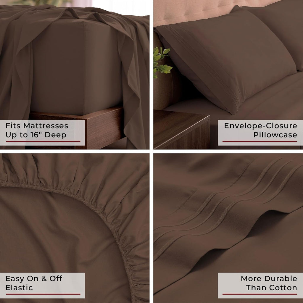 Mellanni King Sheets Set - 4 PC Hotel Luxury Bedding | Extra Soft, Cooling, Wrinkle-Resistant (Brown)