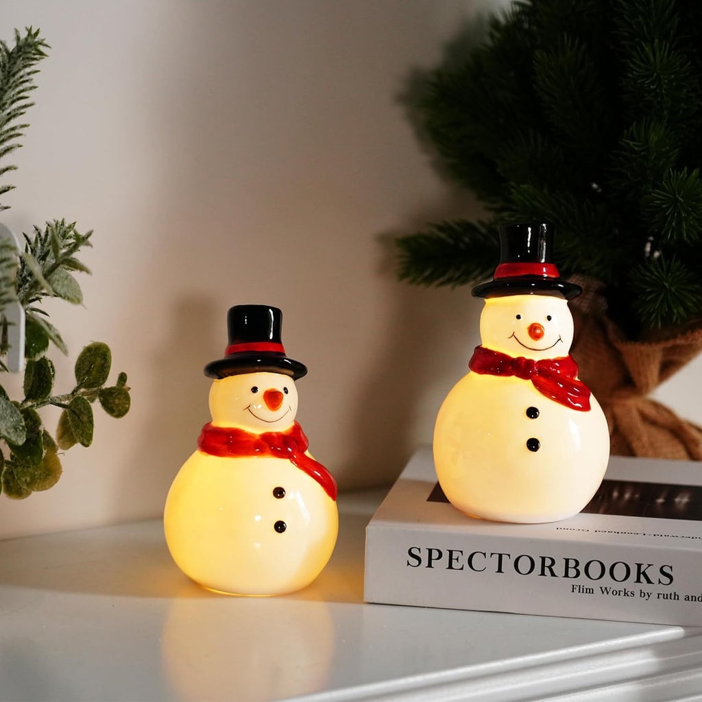 Nerosun Christmas Snowman Figurines - 3 Pack LED Lighted Ceramic Tabletop Ornaments for Winter Decor