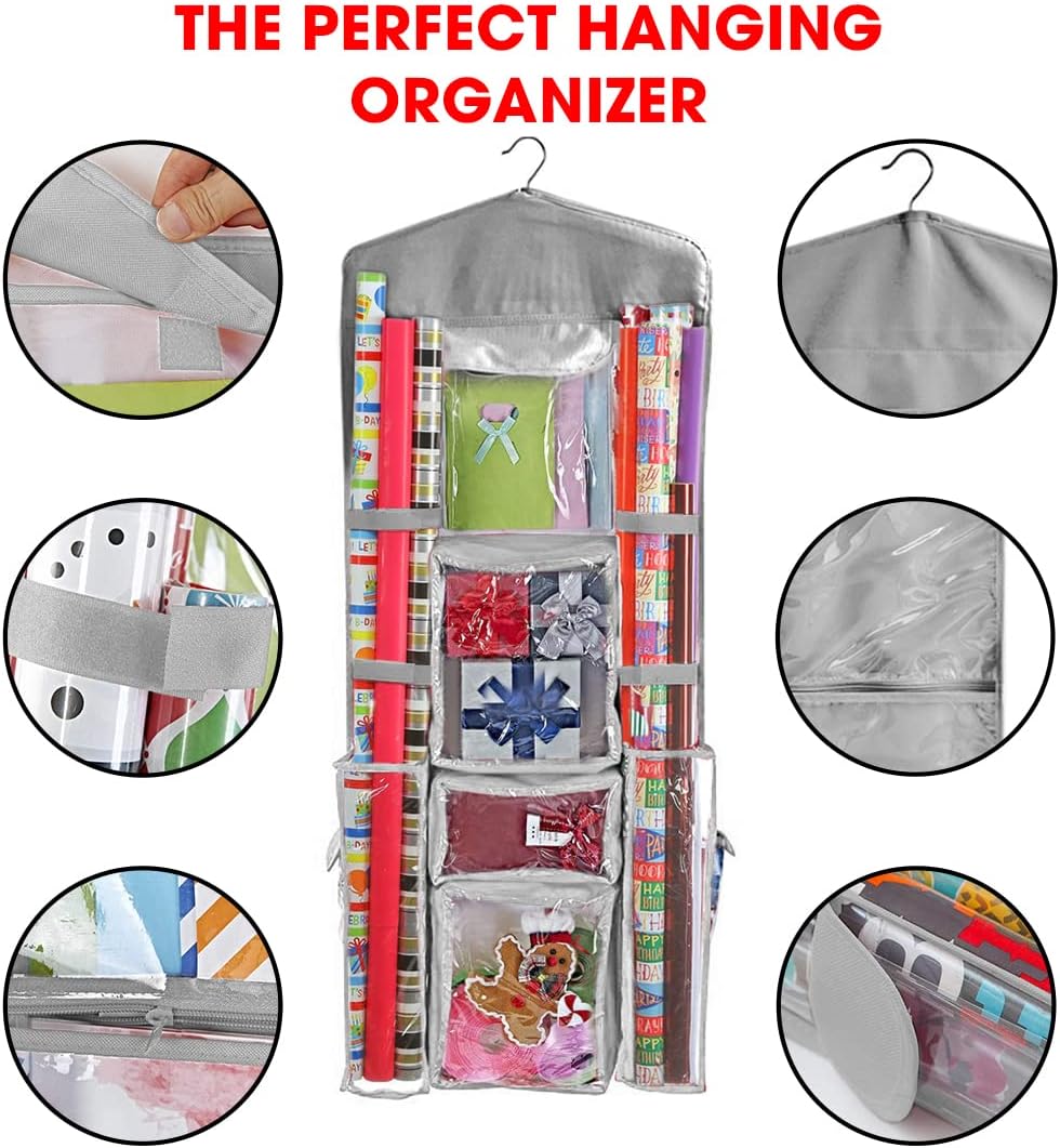 Primode Wrapping Paper Organizer - Over The Door Storage for Gift Wrap, Bags & Accessories | 40”x17” Gray