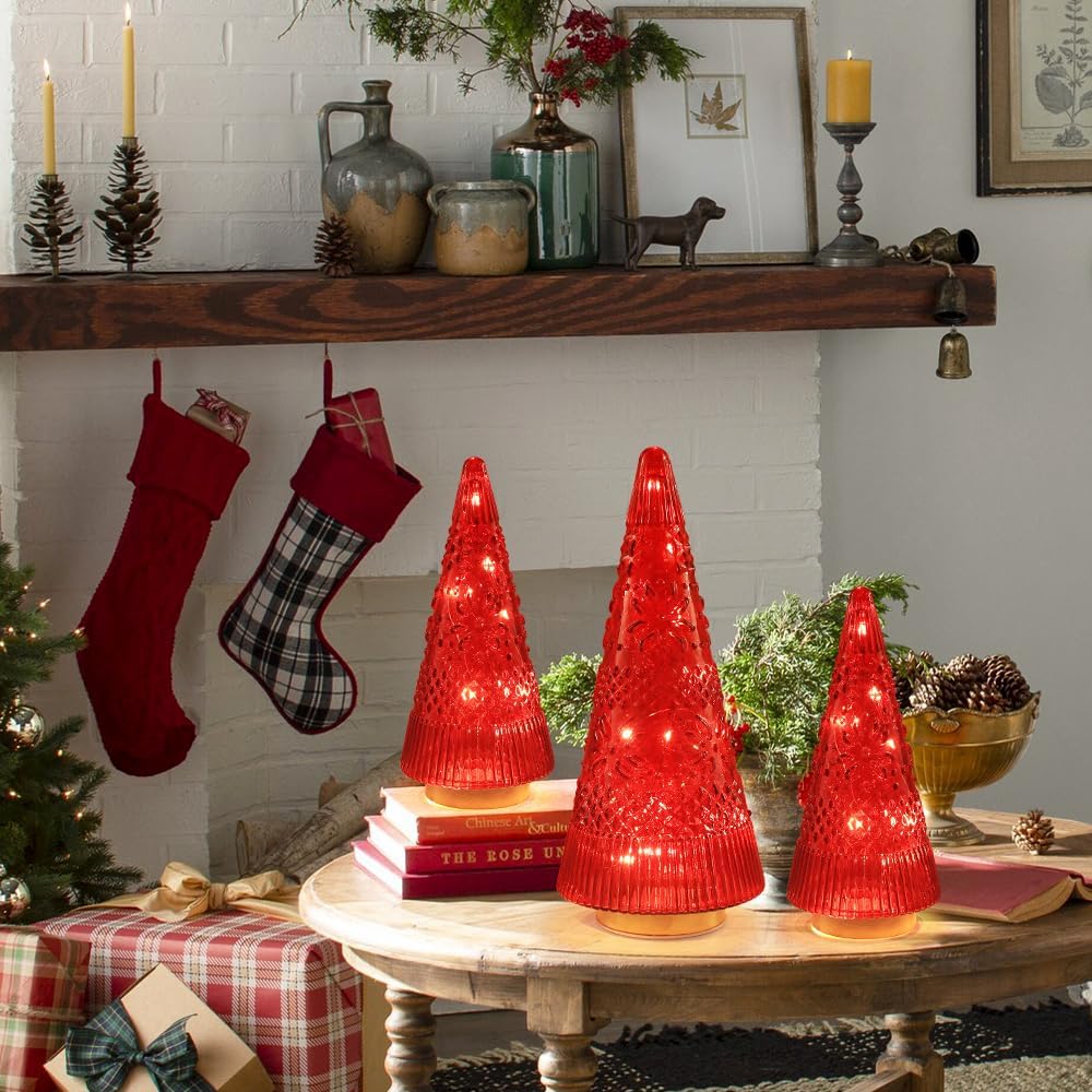 PHITRIC Christmas Tree Centerpieces - 3 PCS Sparkling Glass Decor with LED Lights & Timer | Indoor Holiday Decorations
