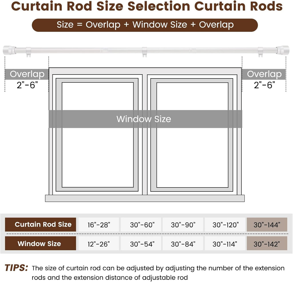 Skiennix Adjustable Curtain Rod - Heavy Duty 1” Diameter, 30 to 144 Inch, Matte White Finish