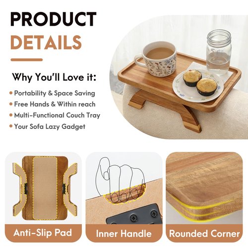 SINWANT Couch Arm Table,Acacia Wood Sofa Arm Rest Tray for Couch,13.78" Foldable Couch Armrest Tray Tables for Home Apartment Small Spaces