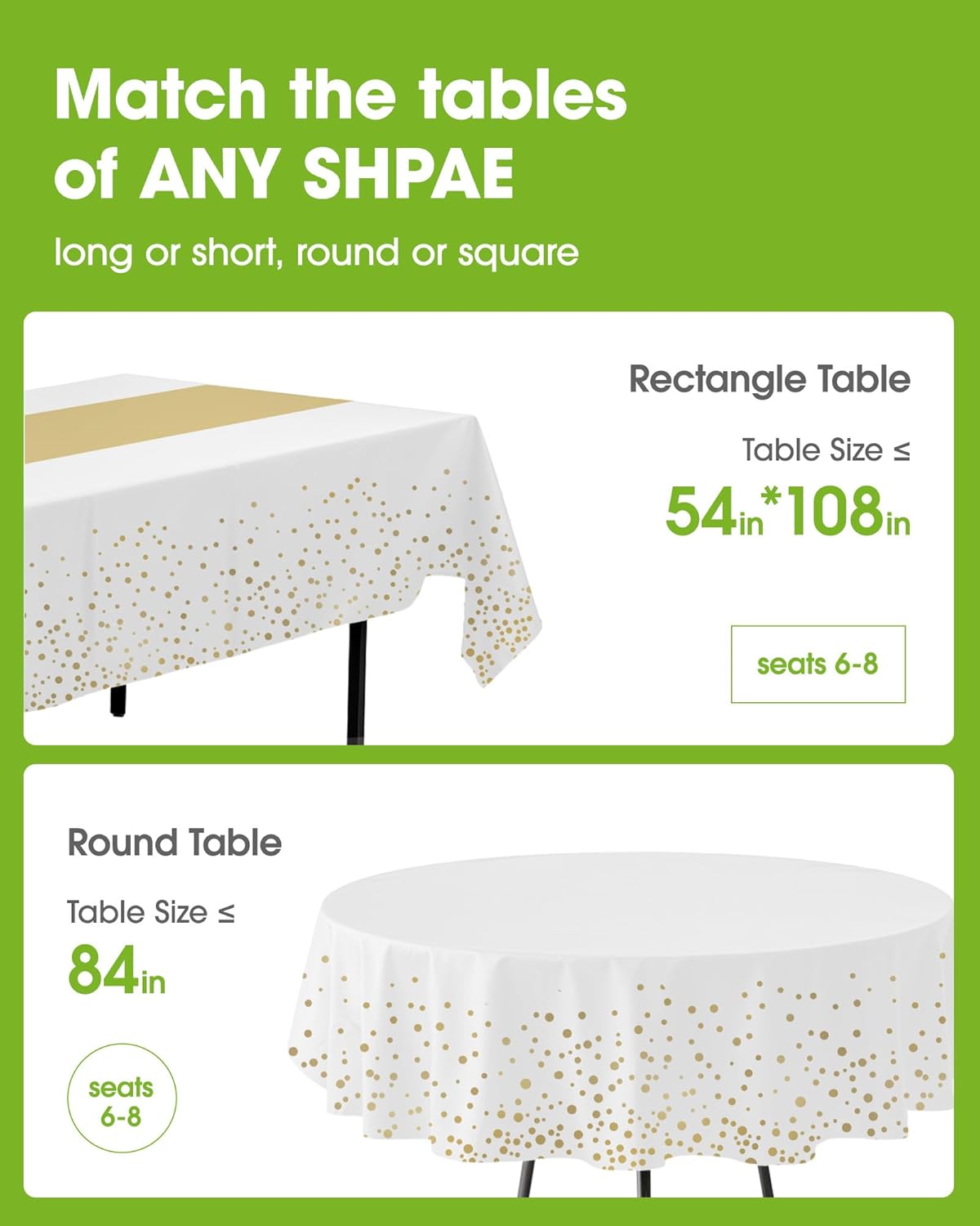 Pureegg Disposable Plastic Tablecloths - 8 Pack, 54 x 108 Inch, Leakproof & Sturdy, White Gold