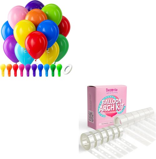 Bezente Rainbow Latex Balloons - 100 Pack with Balloon Tape Strips & Glue Dots for Easy Decorating