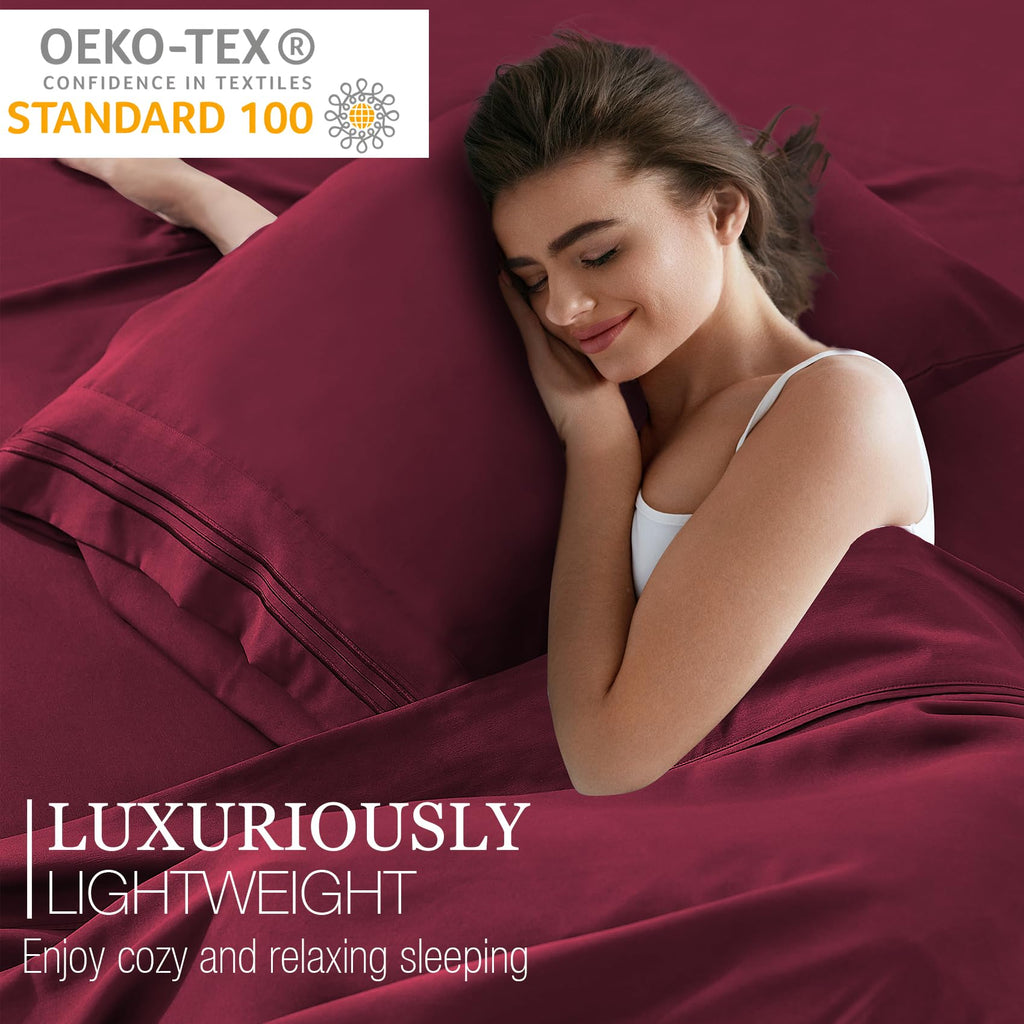 Yibeizi Queen Sheet Set Cooling Sheets Deep Pocket Queen Size Bed Sheets Set, Red Soft Microfiber Oeko-Tex Sheets & Pillowcases Hypoallergenic Wrinkle Free Bedsheets