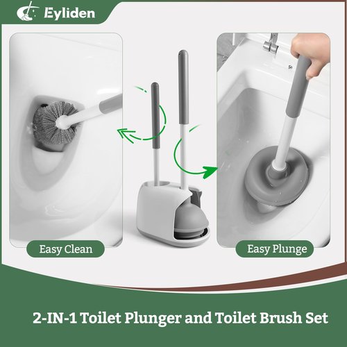 Eyliden Toilet Plunger & Brush Set, Upgrade 3-Step Suction Cup - Ultra-Tight Seal, Durable, Space-Saving Toilet Deep Cleaning Combo with Holder, Bathroom Essentials, White & Grey, Nylon Bristles