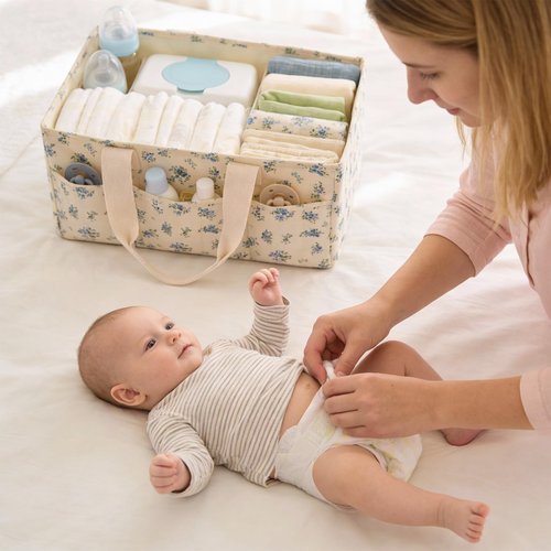 Lemoobolsa Baby Diaper Caddy Organizer with Portable Changing Mat-Portable Baby Organizers and Storage, Gift for Baby Shower, Baby Essentials Organizer with Removable Dividers (Blue Floral)